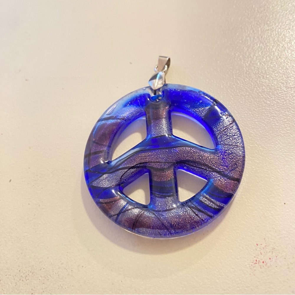 Artistic Blue and Silver Peace Glass Pendant